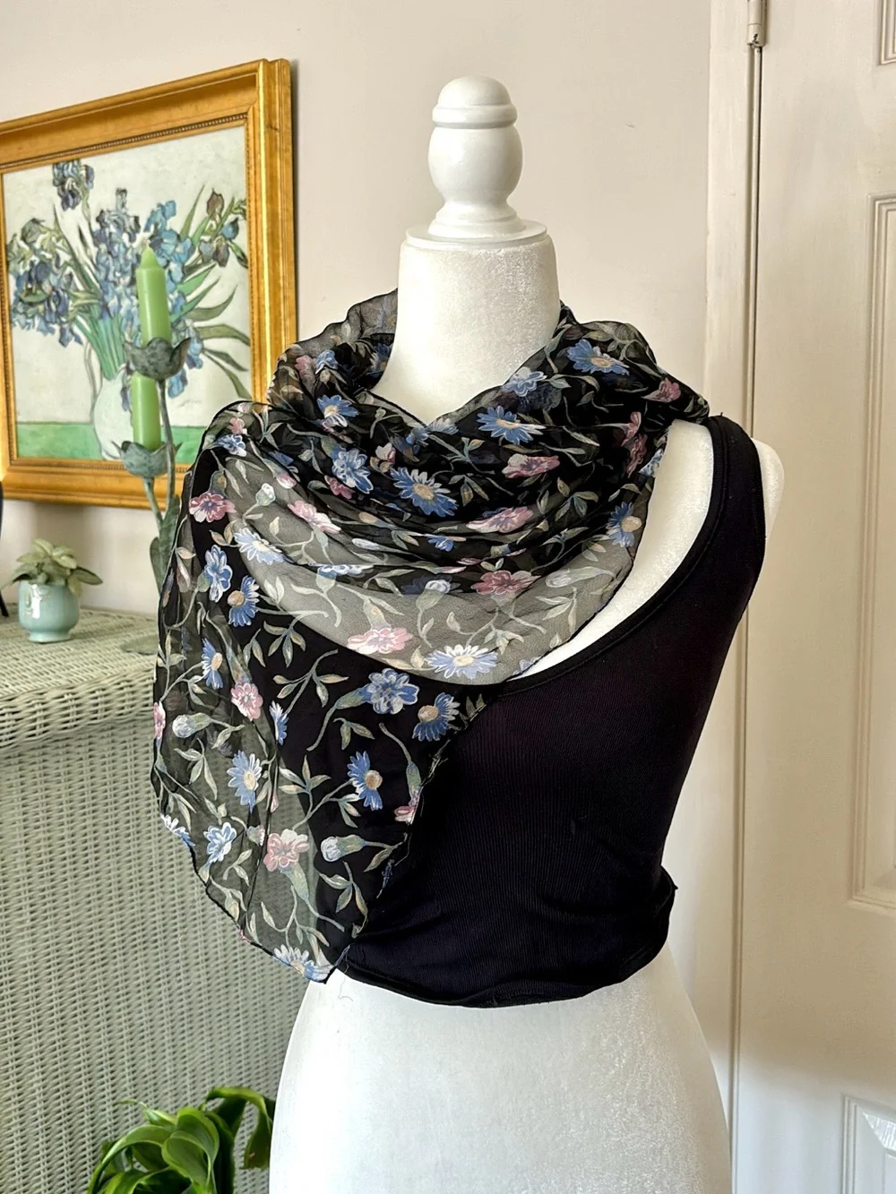 Elegant Black Floral Sheer Scarf with Blue & Pink Blooms